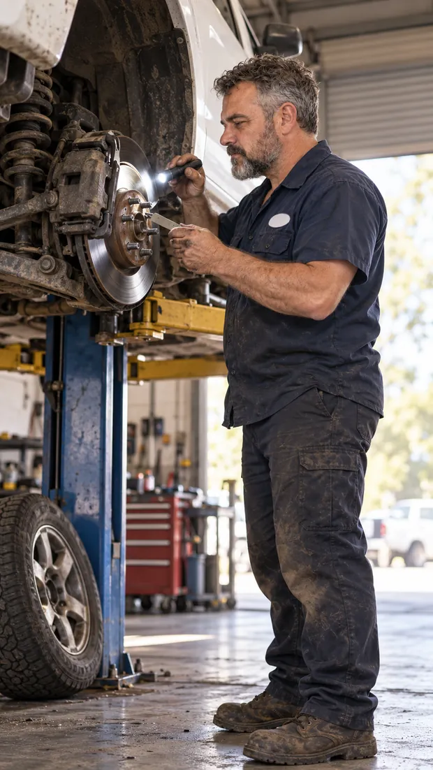 The mechanic working on a brake assembly under a raised vehicle.