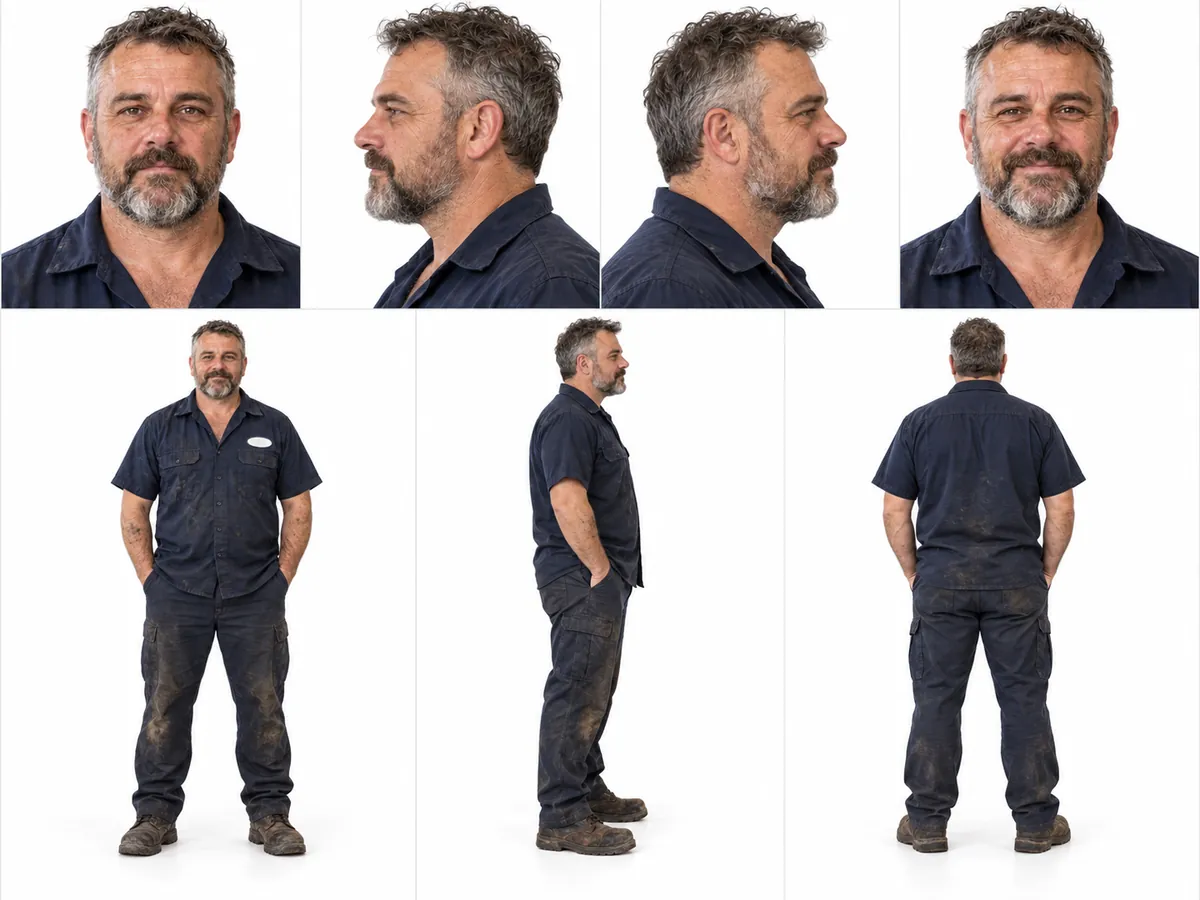 Character turnaround sheet of an AI-generated mechanic: four head angles above, three full-body angles below, in a navy work shirt.