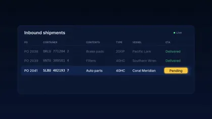 An inbound shipments dashboard listing container IDs, vessels, ETAs and delivery status.
