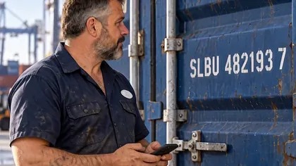 The mechanic checking his phone beside a container marked SLBU 482193 7.