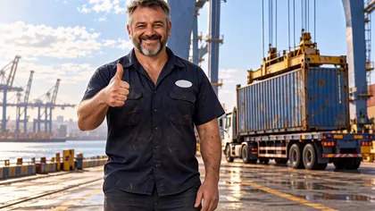 The mechanic smiling beside a loaded truck on the quayside.