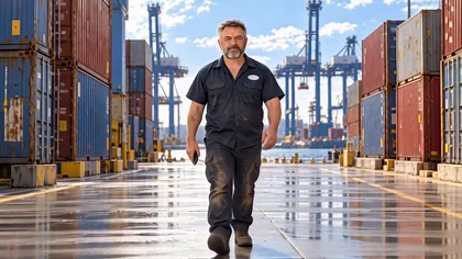 The mechanic walking between stacked shipping containers at a port terminal.
