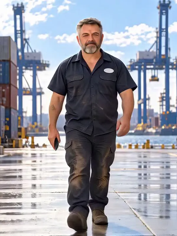 The Ironbark mechanic walking between shipping containers at a port terminal.