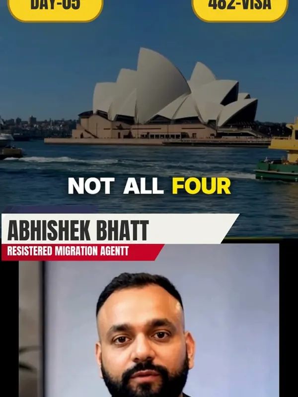 Frame from an AI-generated reel: a migration agent over a Sydney Opera House background with the caption Not all 482.