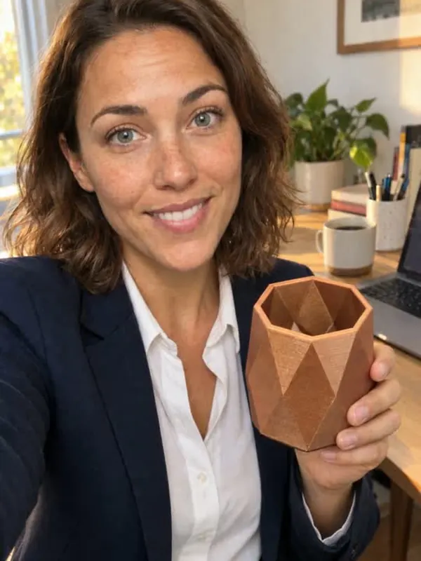 AI-generated creator holding a 3D-printed pen holder to camera in a home office.