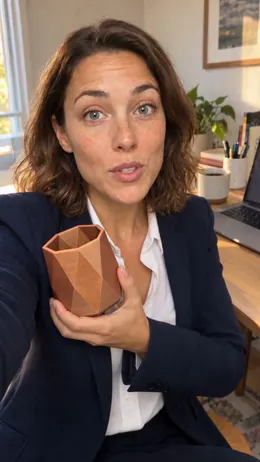 Opening shot: the model speaking to camera holding the pen holder.