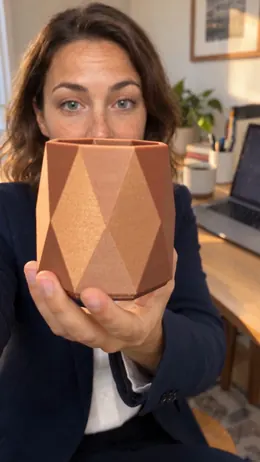 The model holding the 3D-printed pen holder up to fill the frame, facets and rim clearly visible.